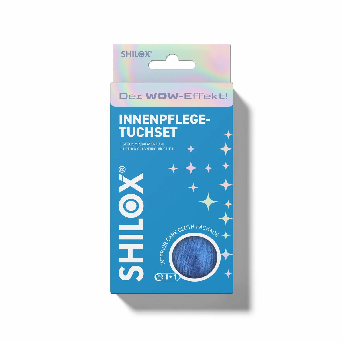 SHILOX Belső Ápoló Kendőcsomag mikroszálas és üvegtisztító kendővel, eredeti csomagolásban, fehér háttéren.