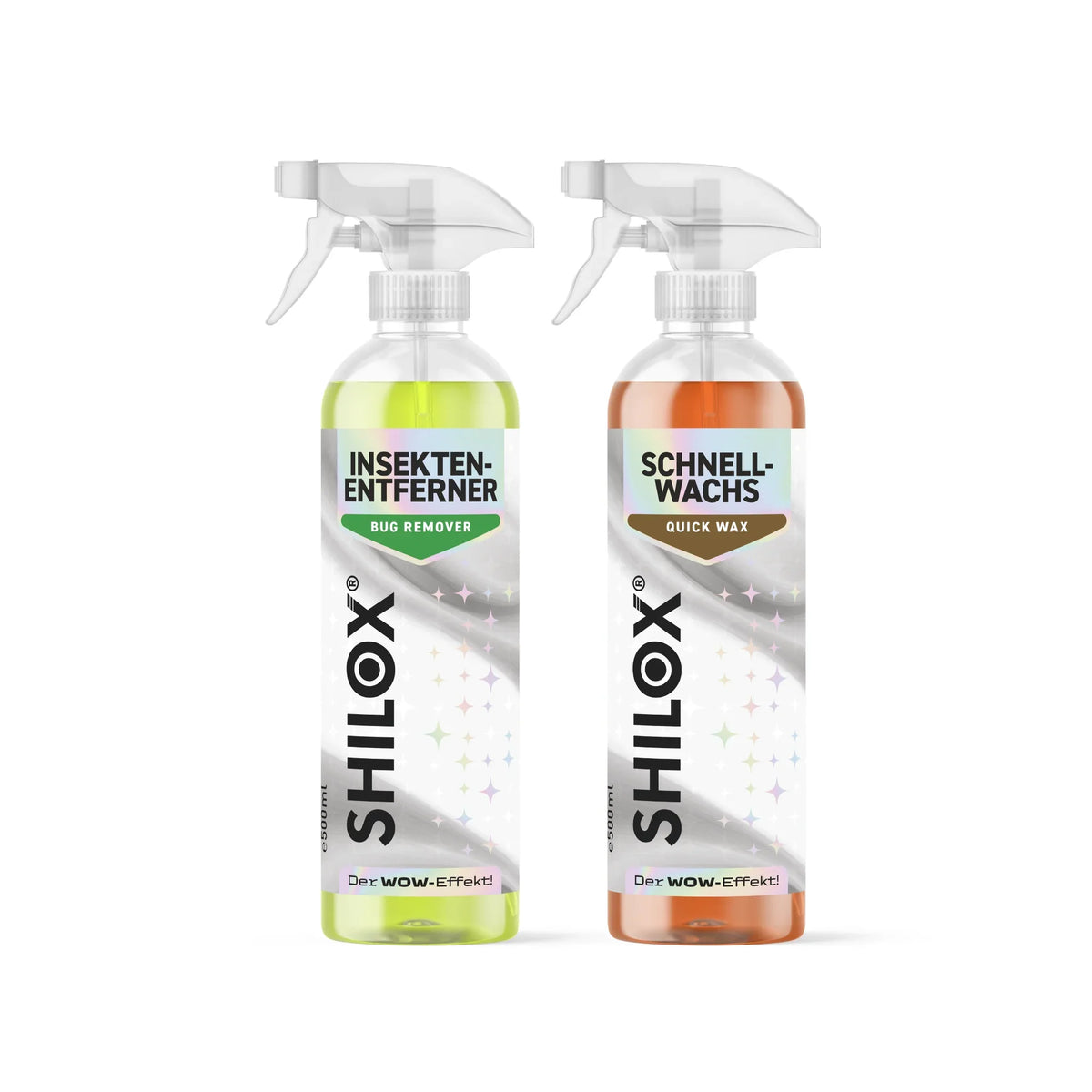 SHILOX Bogároldó és Gyorswax Duó, két 500 ml-es autóápoló termék fehér háttéren.