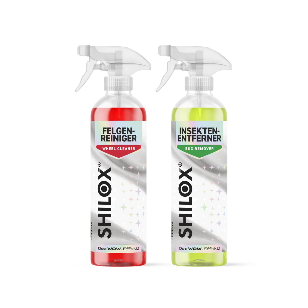 SHILOX Felnitisztító és Bogároldó Duó, két 500 ml-es szórófejes flakon fehér háttéren.