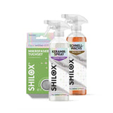 SHILOX Fény és Védelem Csomag Kerámia Spray-vel, Gyorswaxszal és két mikroszálas kendővel, fehér háttéren.