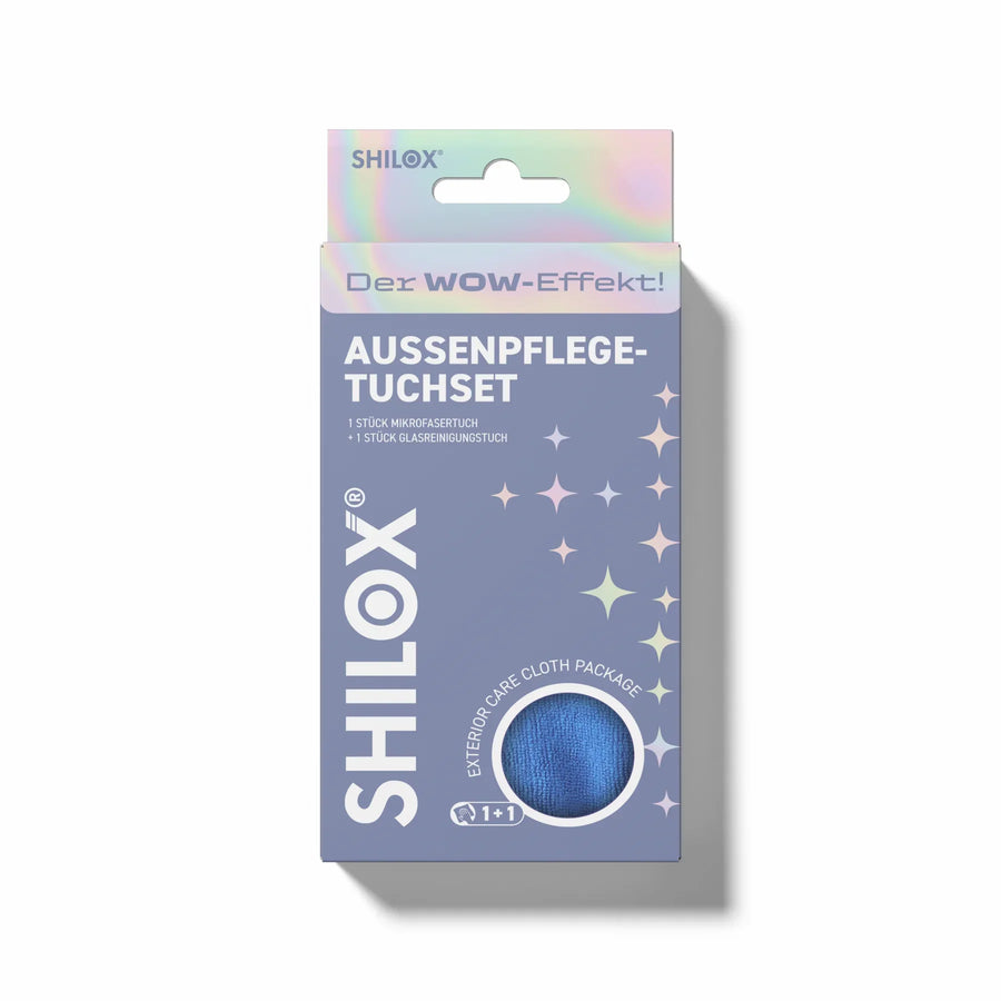 SHILOX Külső Ápoló Kendőcsomag mikroszálas és üvegtisztító kendővel, eredeti csomagolásban, fehér háttéren.