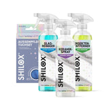 SHILOX Külső Autóápoló Csomag üvegtisztítóval, bogároldóval, kerámia spray-vel és külső ápoló kendőcsomaggal, fehér háttéren.