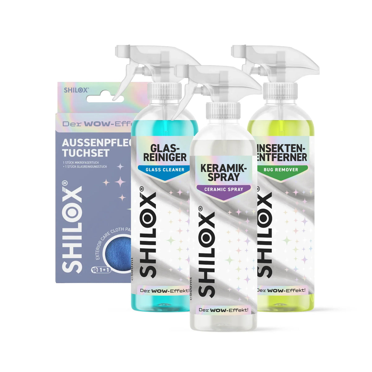 SHILOX Külső Autóápoló Csomag üvegtisztítóval, bogároldóval, kerámia spray-vel és külső ápoló kendőcsomaggal, fehér háttéren.