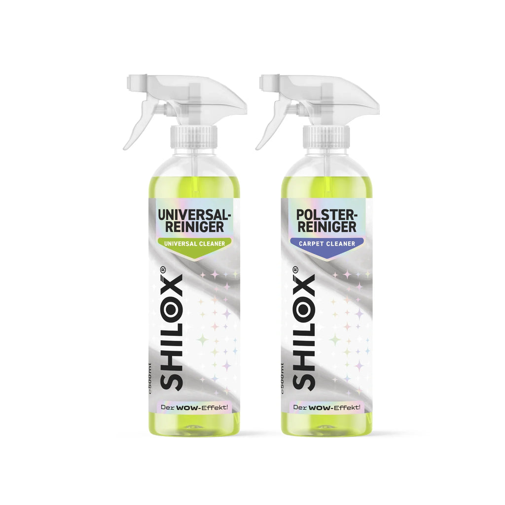 SHILOX Mélytisztító Duó Univerzális Tisztítóval és Kárpittisztítóval, két 500 ml-es flakon fehér háttéren.