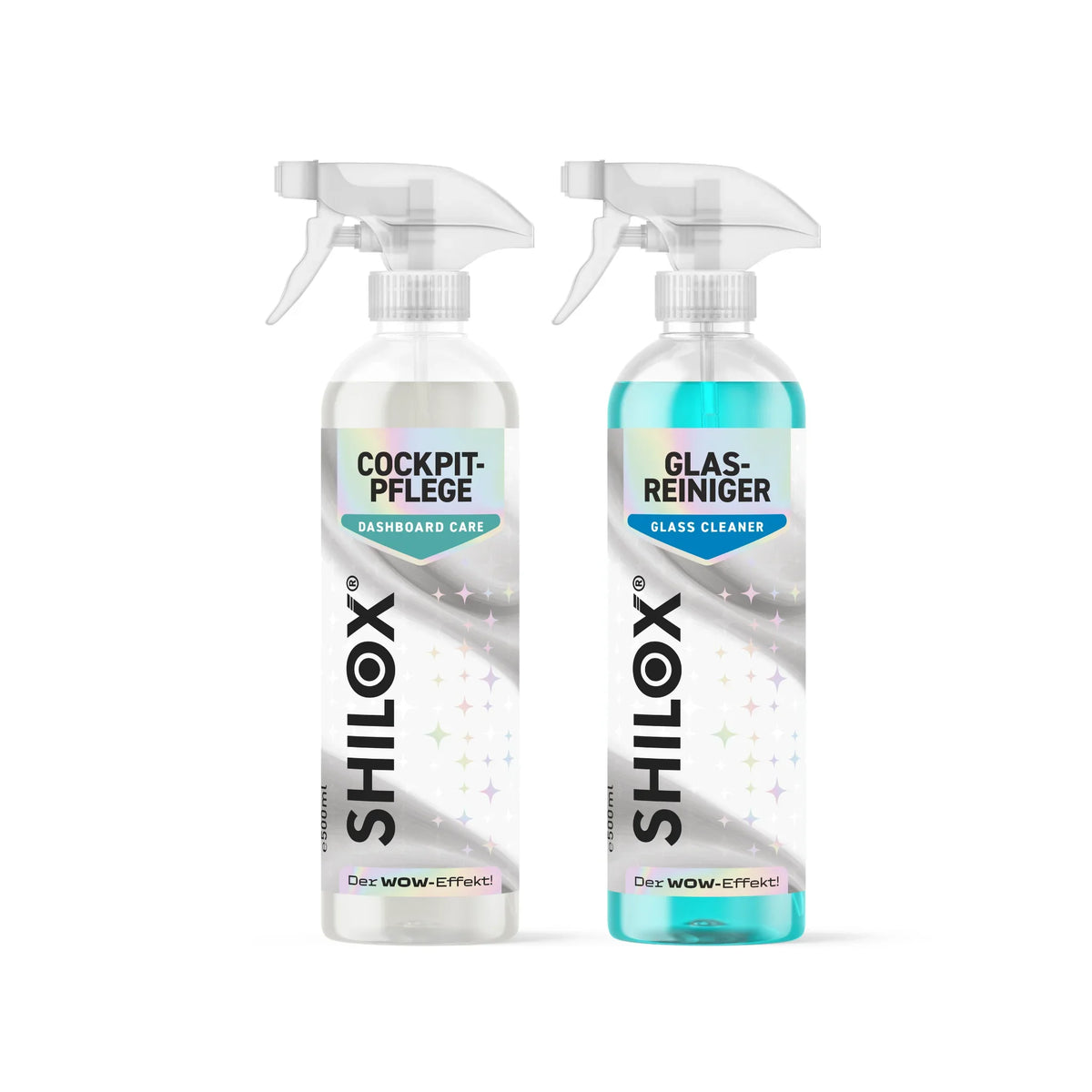 SHILOX Műszerfalápoló és Üvegtisztító Duó, két 500 ml-es szórófejes flakon fehér háttéren.
